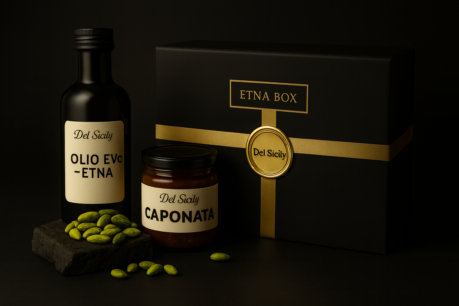 Etna Box — olivový olej z okolí Etny, pistácie z Bronte a caponata v luxusním balení