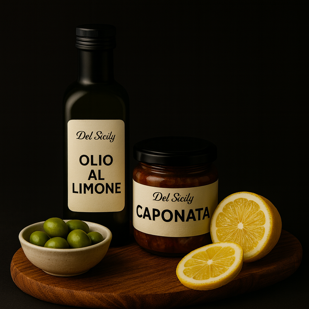Aperitivo Mini — ochucený olivový olej, olivy/mandle a caponata