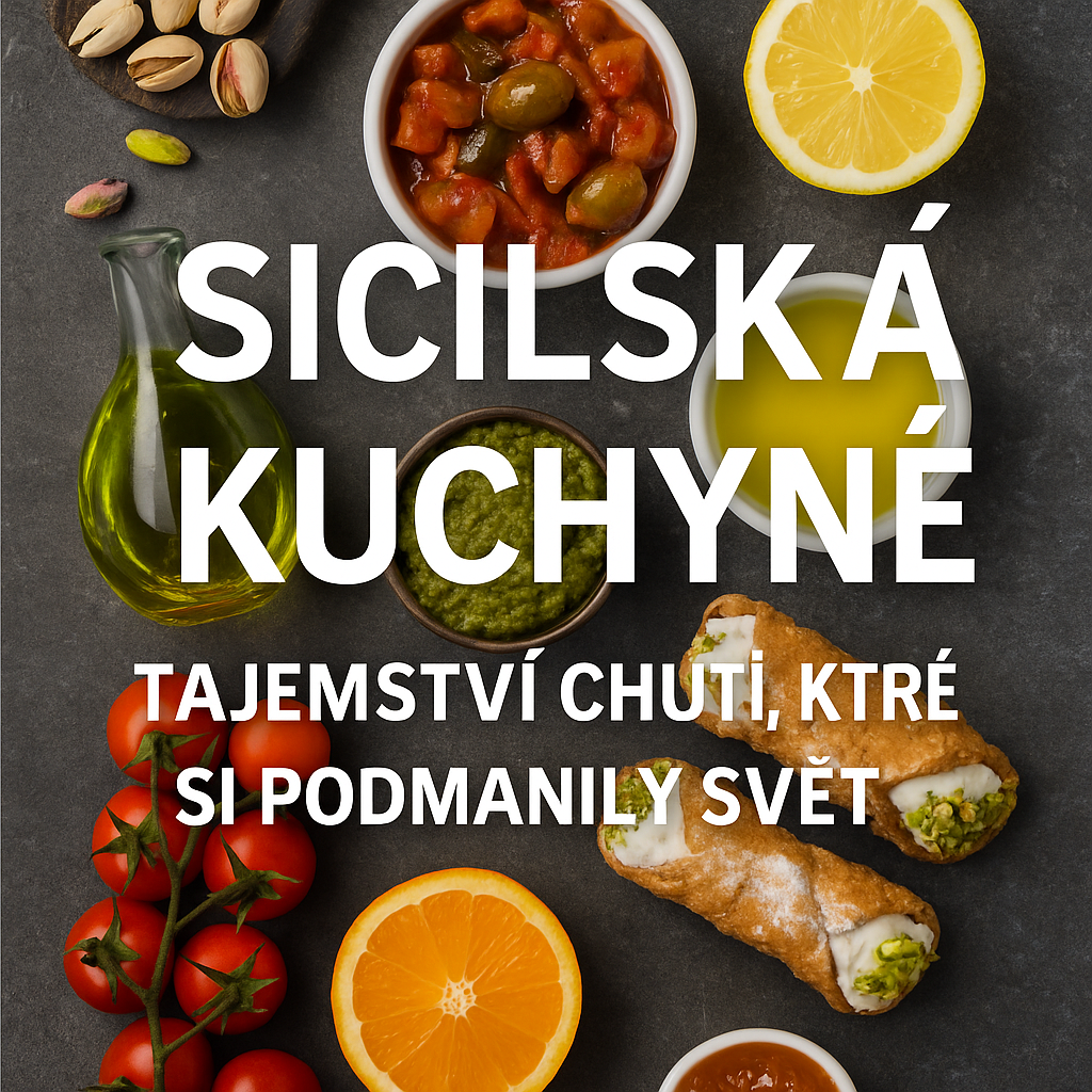 Sicilské speciality – olivový olej, pistácie, citrusy, caponata, cannoli a víno s Etnou v pozadí